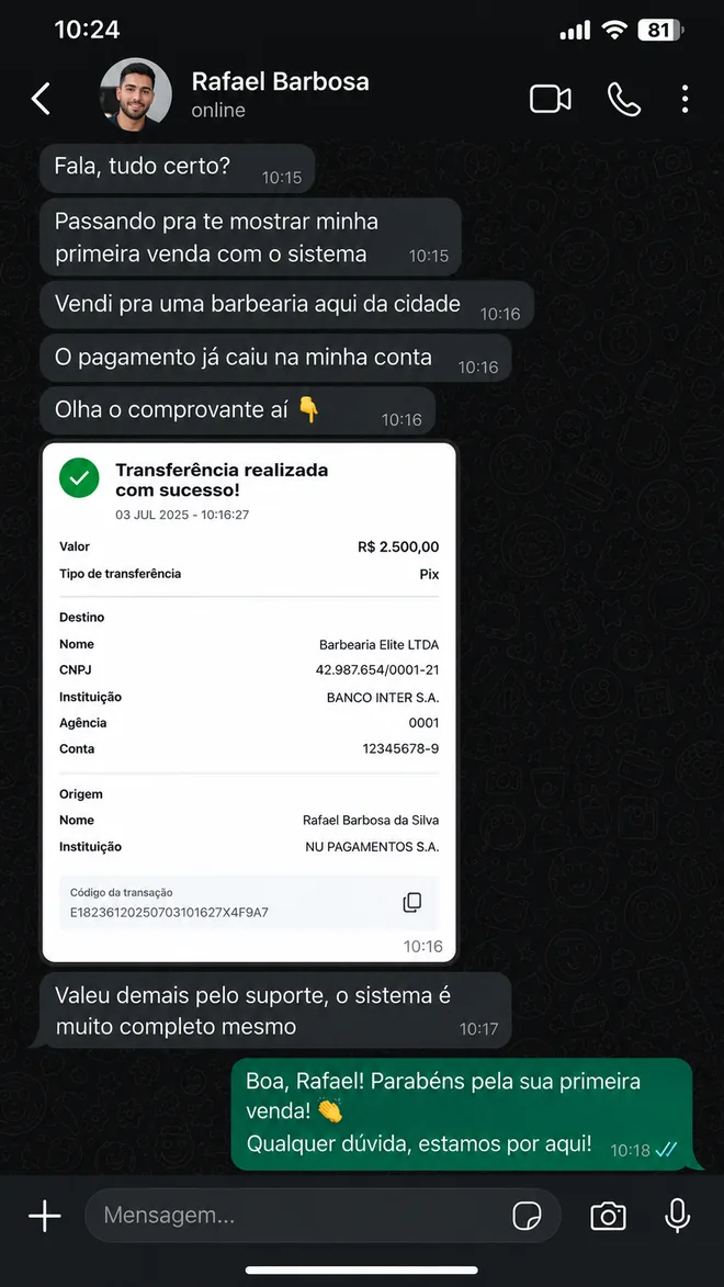 Conversación de WhatsApp: un cliente cuenta su primera venta de un sistema a una barbería, con comprobante de pago de 2.500
